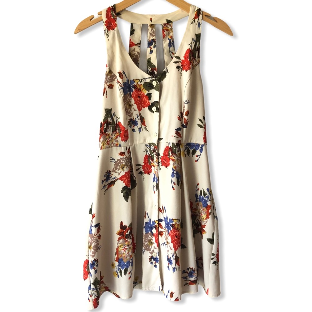 Forever 21 Floral Print Cream Button Down Dress S